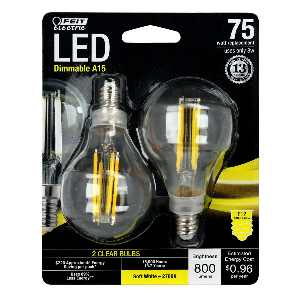 Feit Electric 75W A15 E12 Dimmable Filament LED Bulb 2pk - Ascmtools
