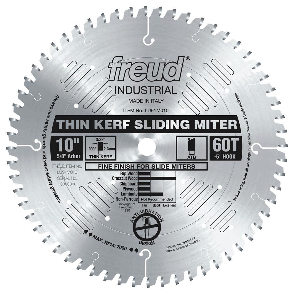 Freud 10 In. x 60T Thin Kerf Sliding Compound Miter Saw Blade - Ascmtools