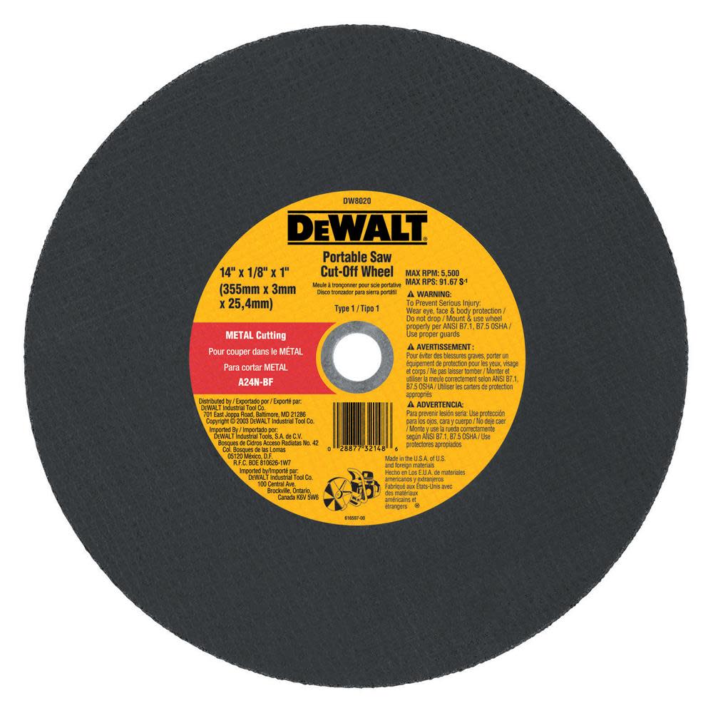 DEWALT TYPE 1 HIGH PERFORMANCE CUTTING WHEELS (DW8020) - Ascmtools