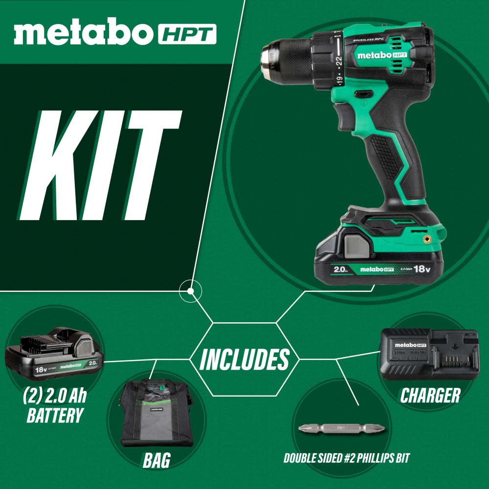 Metabo HPT 18V MultiVolt Cordless Brushless Hammer Drill Kit (2 x 2.0Ah) - Ascmtools