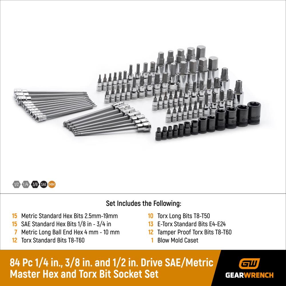 GEARWRENCH Master SAE/Metric and TORX Bit Socket Set 84 pc 1/4 3/8 & 1/2 In. Drive - Ascmtools
