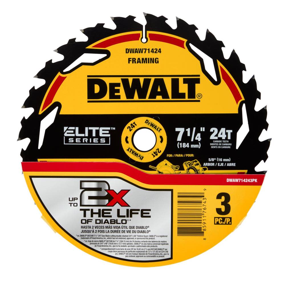 DEWALT Elite Series Circular Saw Blade 7 1/4″ 24T 3pk - Ascmtools