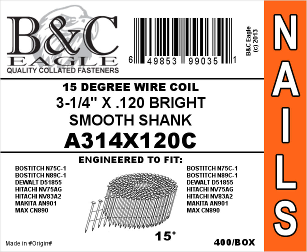 B and C Eagle (400) 3 x .120 Wire Collated Smooth Bright Coil Framing Nails - Ascmtools