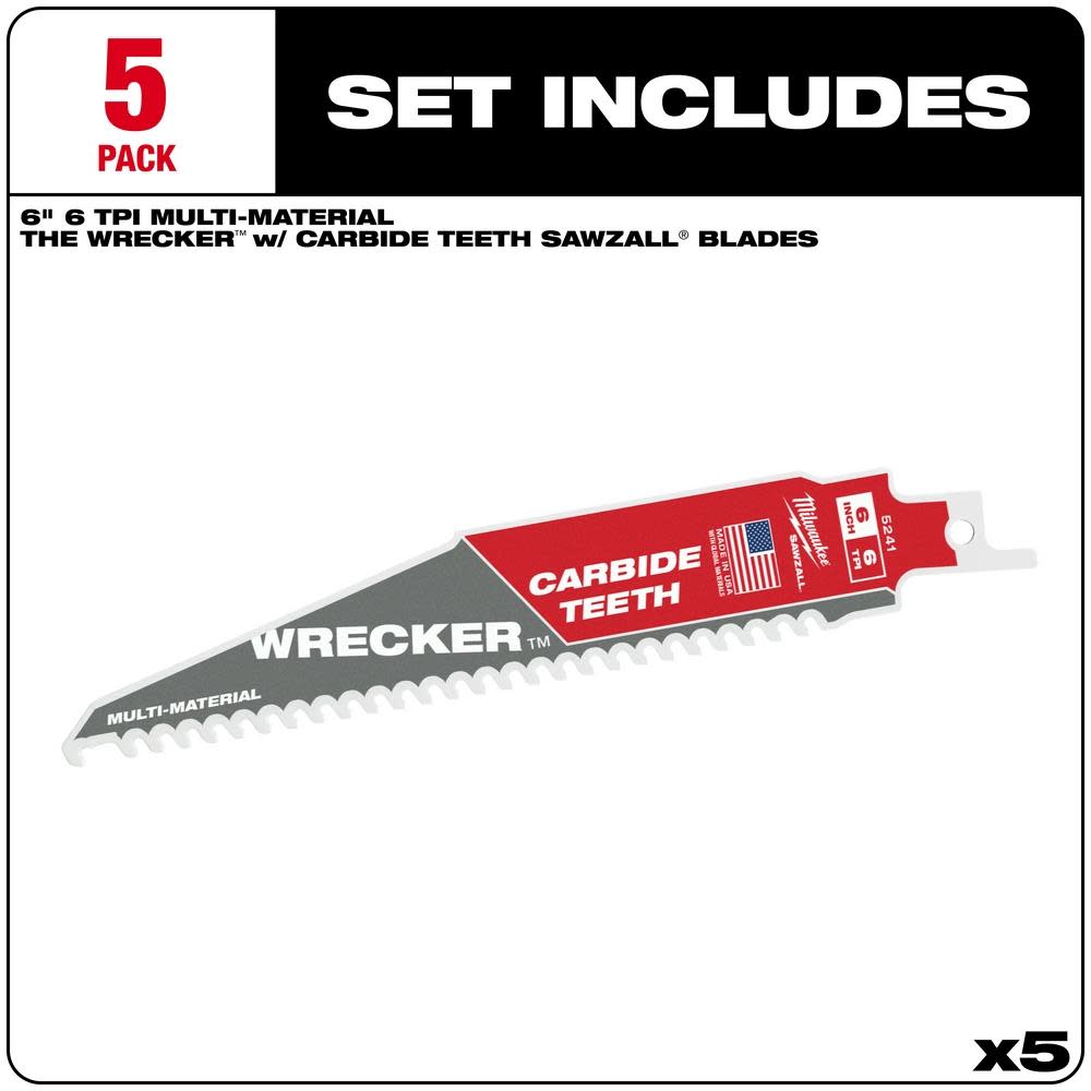 Milwaukee 6″ 6 TPI THE WRECKER with Carbide Teeth SAWZALL Blade 5PK - Ascmtools