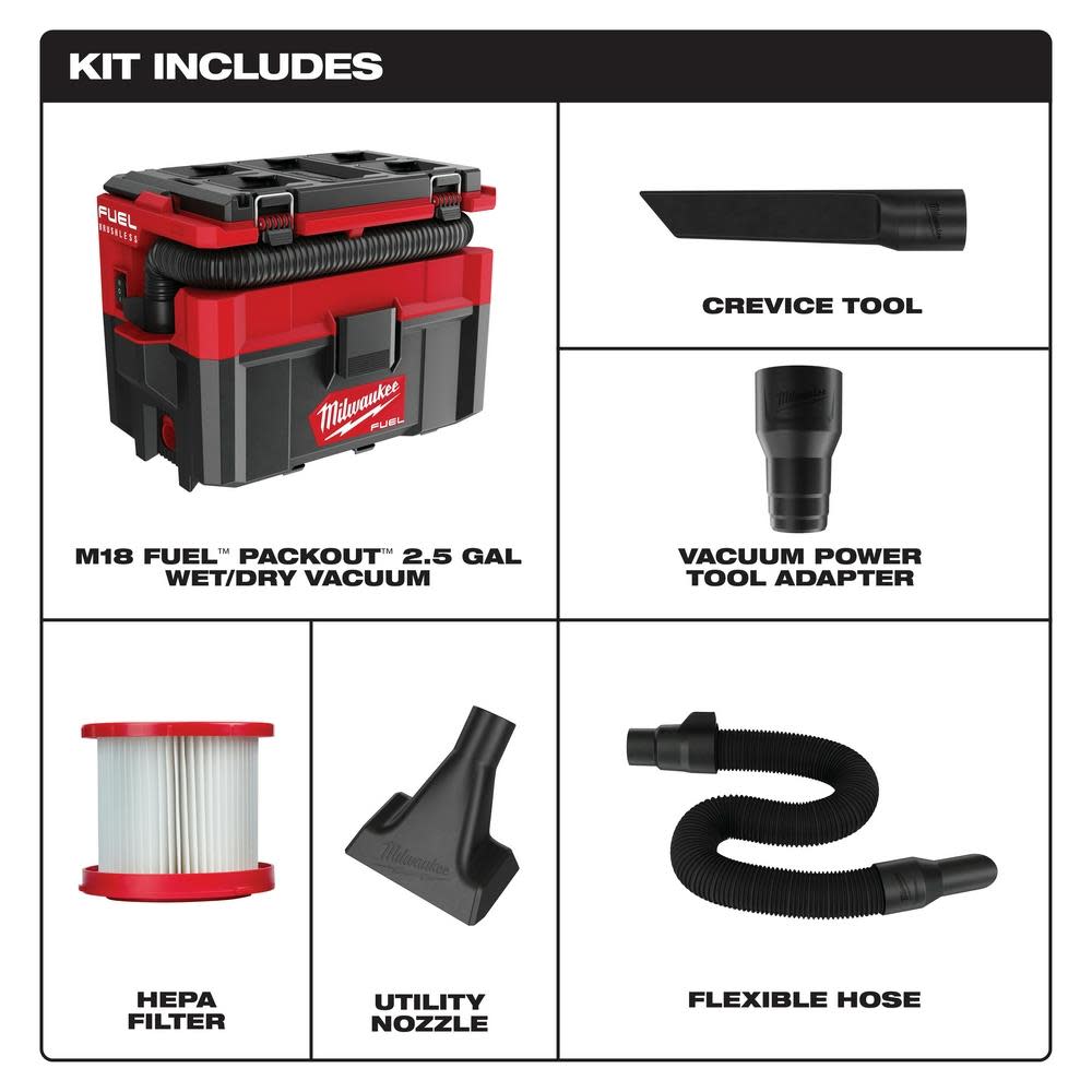 Milwaukee M18 FUEL PACKOUT 2.5 Gallon Wet/Dry Vacuum Bare Tool - Ascmtools