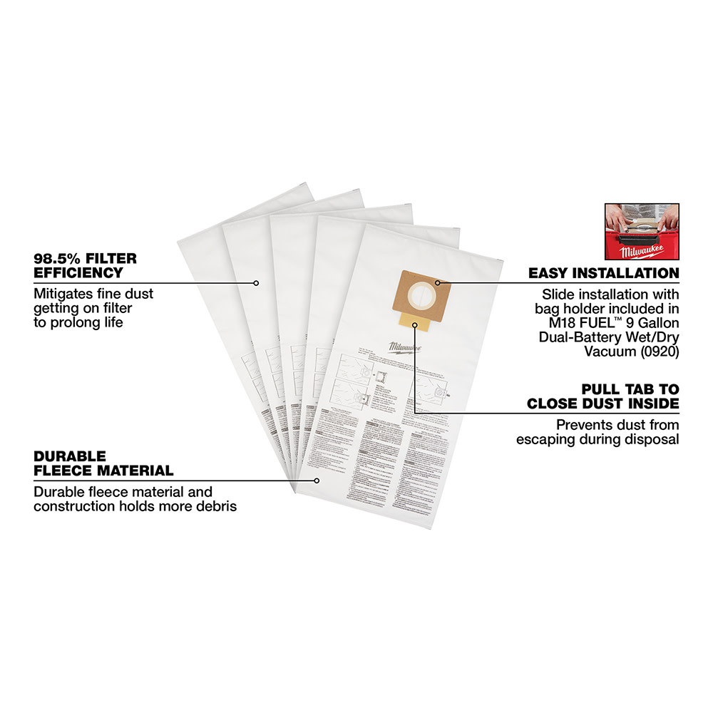 Milwaukee Fleece Dust Bags 9 Gallon 5pk - Ascmtools