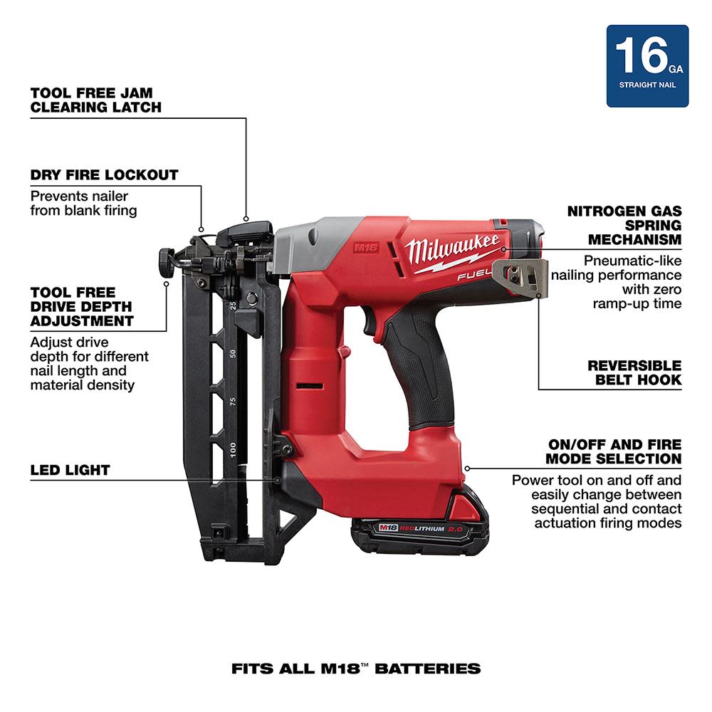 Milwaukee M18 FUEL 16 Gauge Straight Finish Nailer Kit - Ascmtools