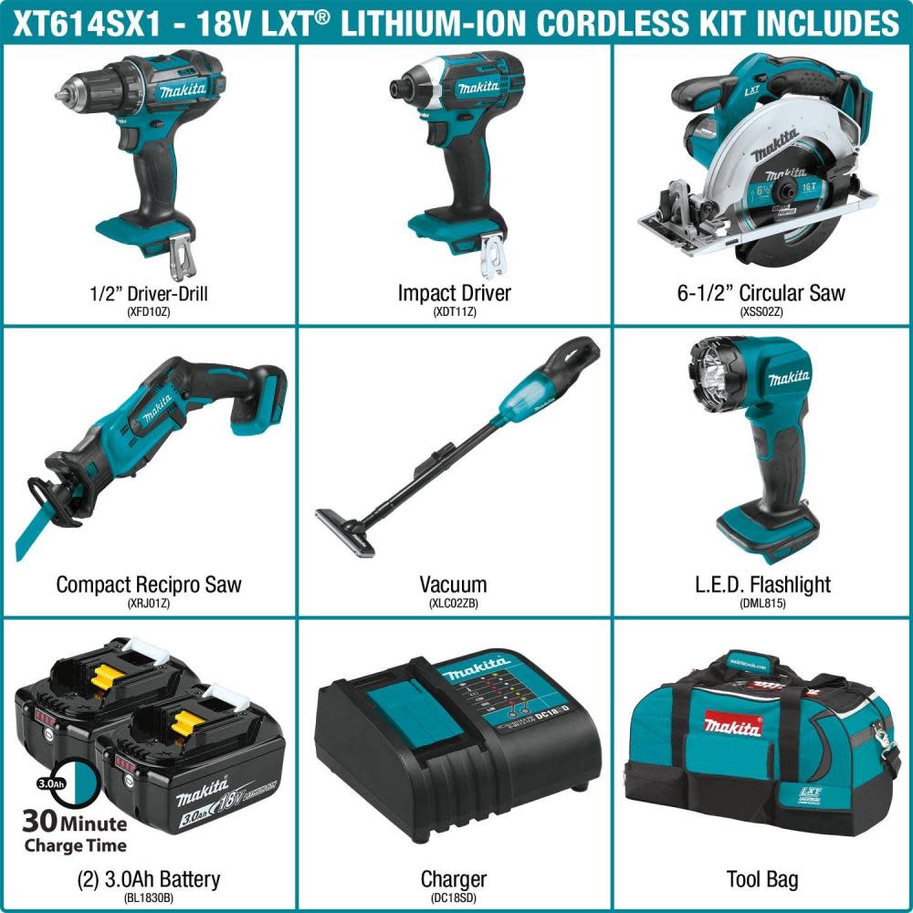Makita 18V LXT Lithium-Ion Cordless 6-Piece Combo Kit (3.0Ah) - Ascmtools