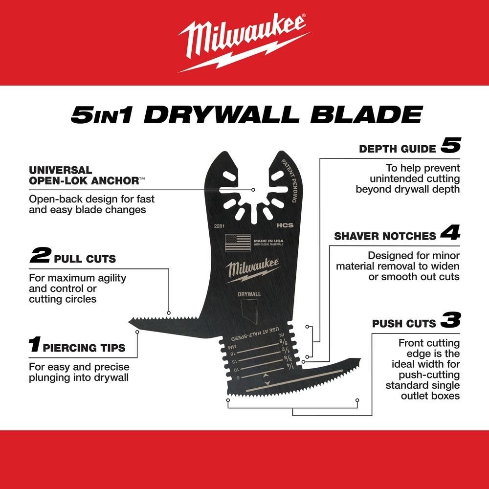 Milwaukee OPEN-LOK 5-IN-1 DRYWALL BLADE 1PK - Ascmtools