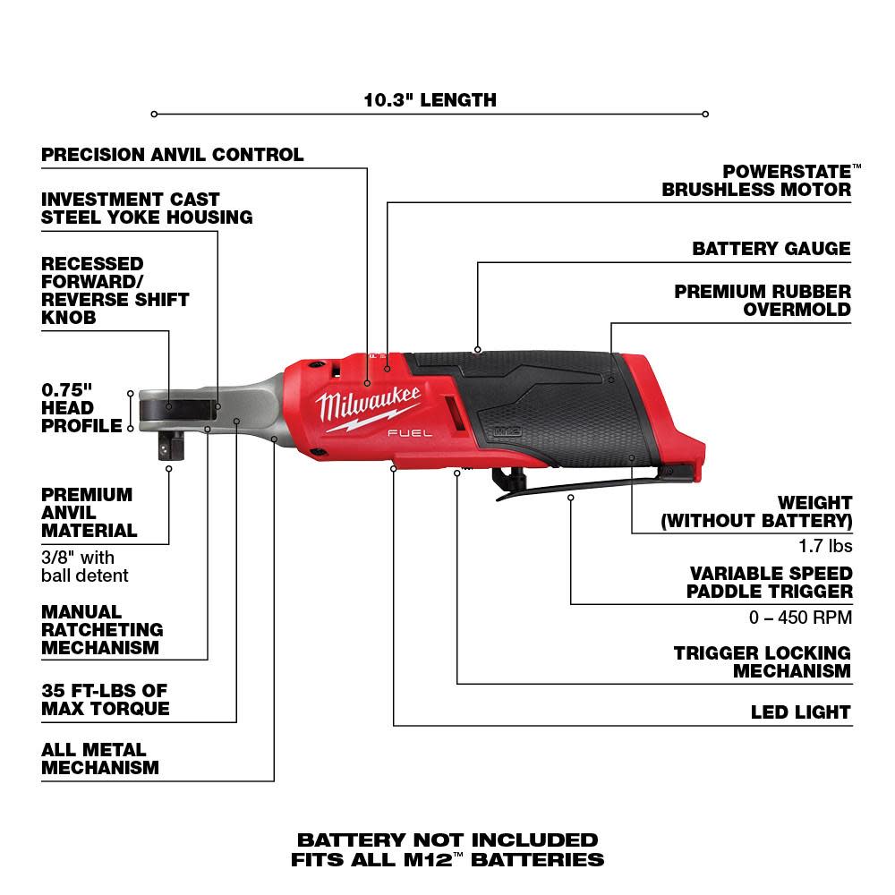 Milwaukee M12 FUEL 3/8″ High Speed Ratchet Bare Tool - Ascmtools