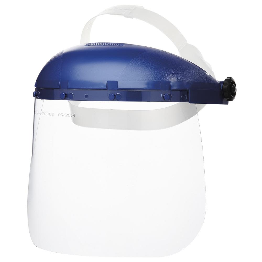 Sellstrom Single Crown Safety Face Shield with Pin-Lock Headgear Polycarbonate Window Clear Tint Uncoated Blue Crown - Ascmtools