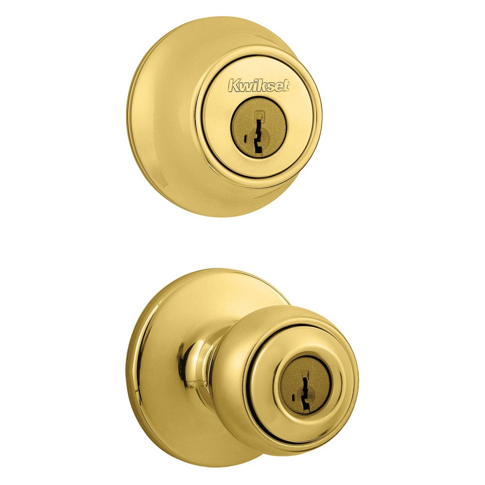 Kwikset Polished Brass Polo Door Knob & Single Cylinder Deadbolt Set - Ascmtools