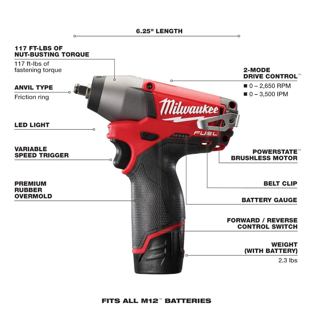 Milwaukee M12 FUEL 3/8 in. Impact Wrench Kit - Ascmtools