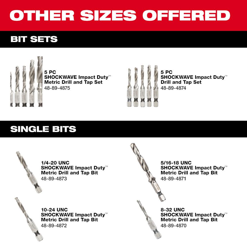 Milwaukee SHOCKWAVE 5 Pc. Metric Impact Drill Tap Set - Ascmtools