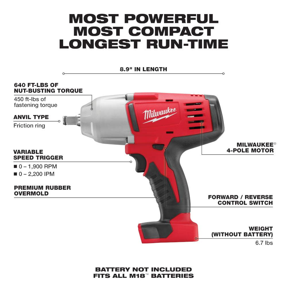 Milwaukee M18 1/2 High-Torque Impact Wrench with Friction Ring - Ascmtools