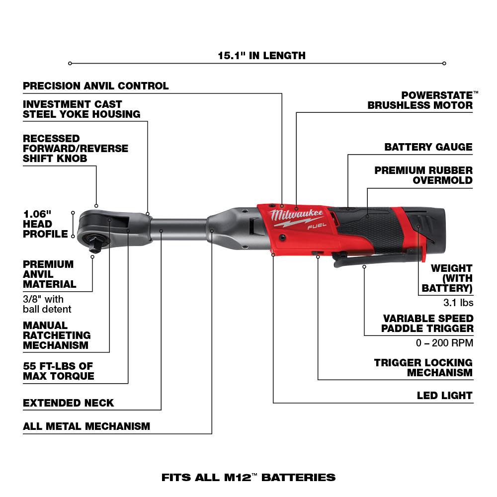 Milwaukee M12 FUEL 3/8 in. Extended Reach Ratchet 1 Battery Kit - Ascmtools