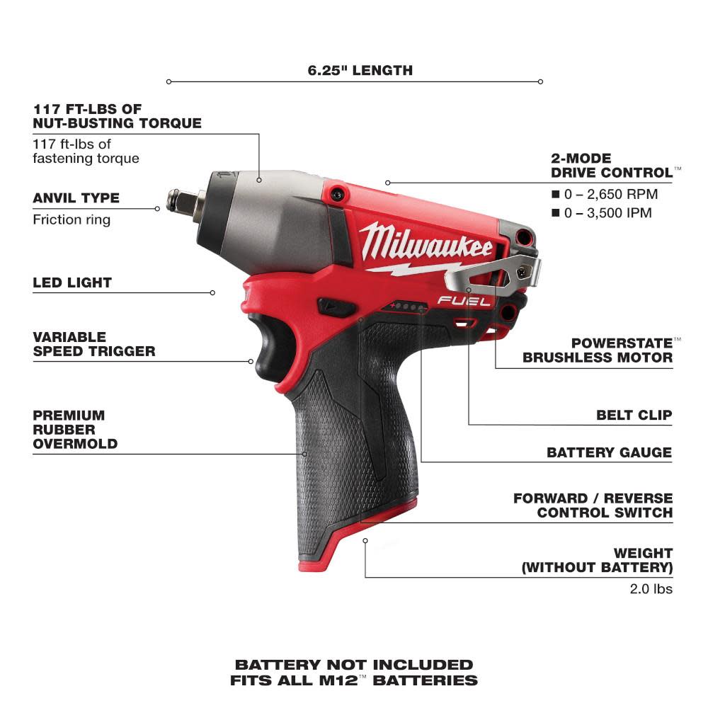 Milwaukee M12 FUEL 3/8 In. Impact Wrench (Tool Only) - Ascmtools