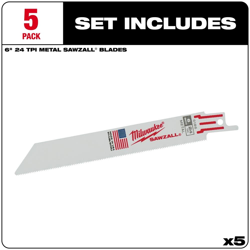 Milwaukee 6 in. 24 TPI Thin Kerf SAWZALL Blades 5PK - Ascmtools
