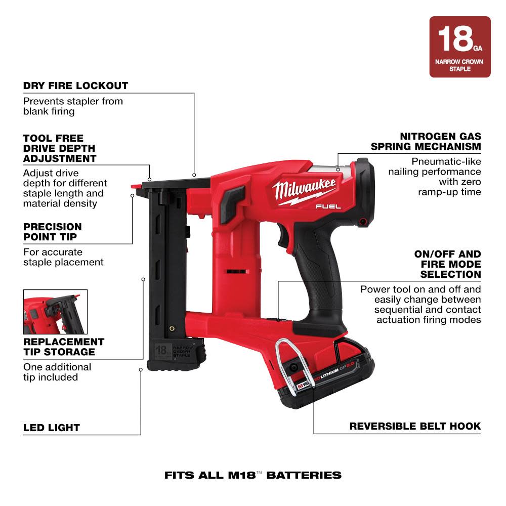 Milwaukee M18 FUEL 18 Gauge 1/4 in. Narrow Crown Stapler Kit - Ascmtools