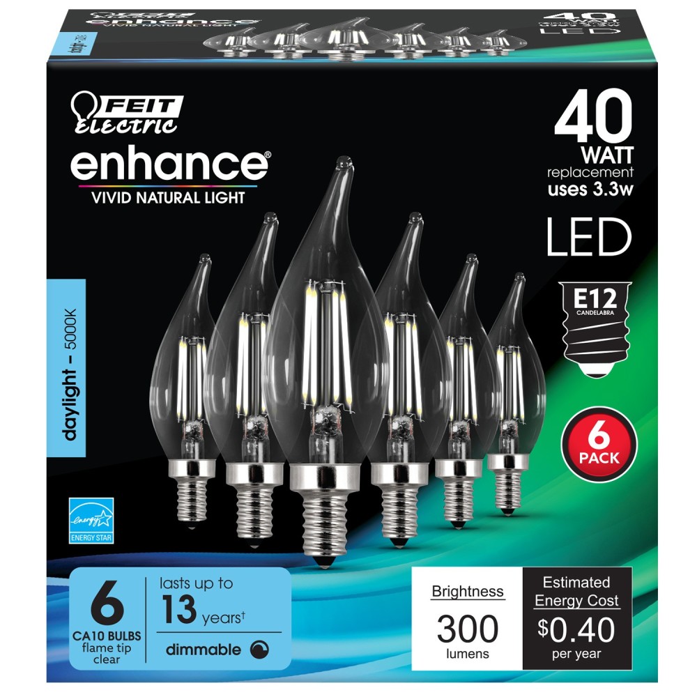 Feit Electric 40W CA10 5000K Dimmable Flame Tip LED Bulb 6pk - Ascmtools