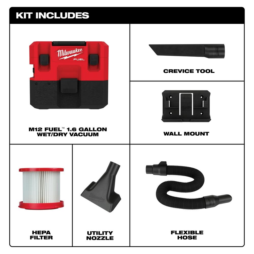 Milwaukee M12 FUEL 1.6 Gallon Wet/Dry Vacuum Bare Tool - Ascmtools