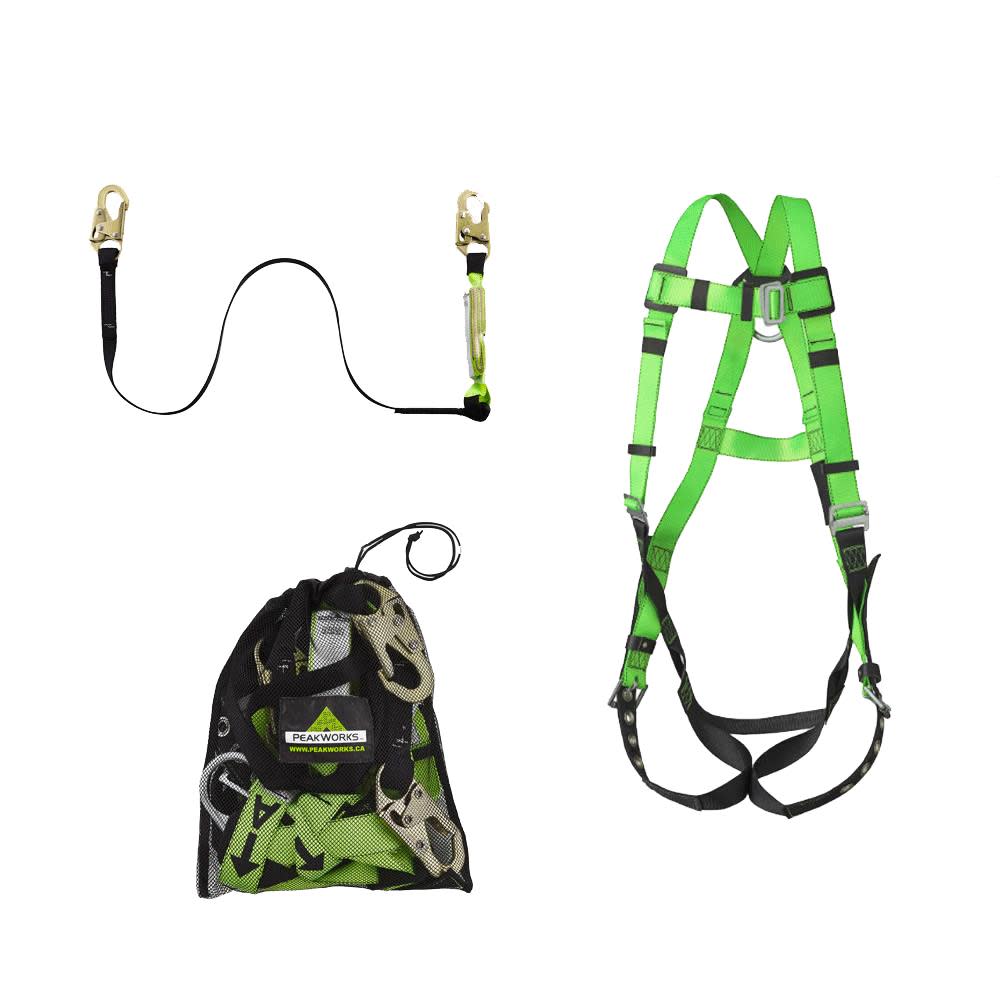 Peakworks Lightweight Adjustable Full Body Safety Harness 6 Ft. Lanyard with Snap Hooks and Mesh Carrying Bag Compliance Kit Green 19 In. H. x 17 In. L. x 14 In. W. Universal Fit - Ascmtools
