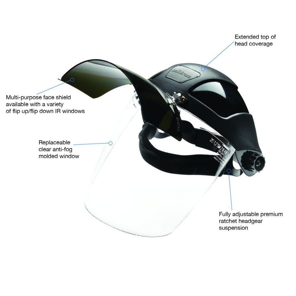 Sellstrom Multi-Purpose Single Crown Face Shield with Universal Slot Adapter Clear Polycarbonate Window Anti-Fog Coating Shade 5 UV/IR Flip Front Visor Black Crown - Ascmtools