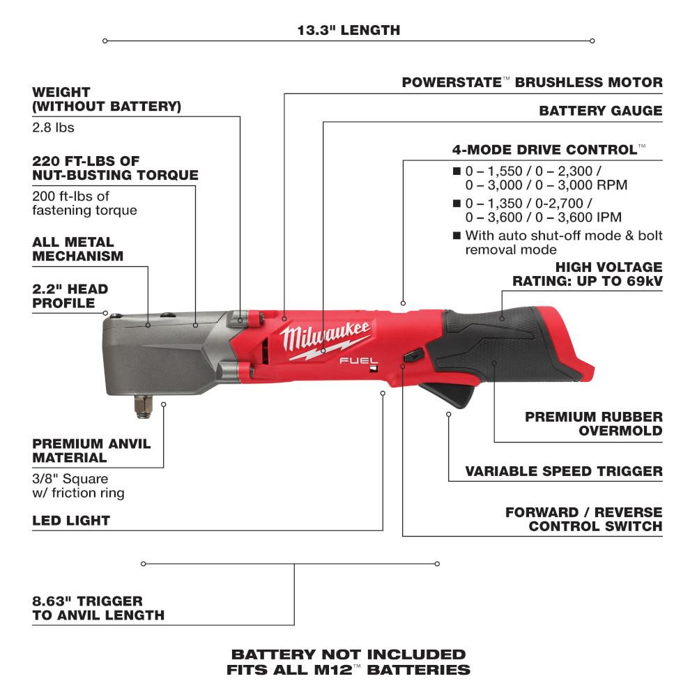 Milwaukee M12 FUEL 3/8″ Right Angle Impact Wrench Bare Tool Reconditioned - Ascmtools