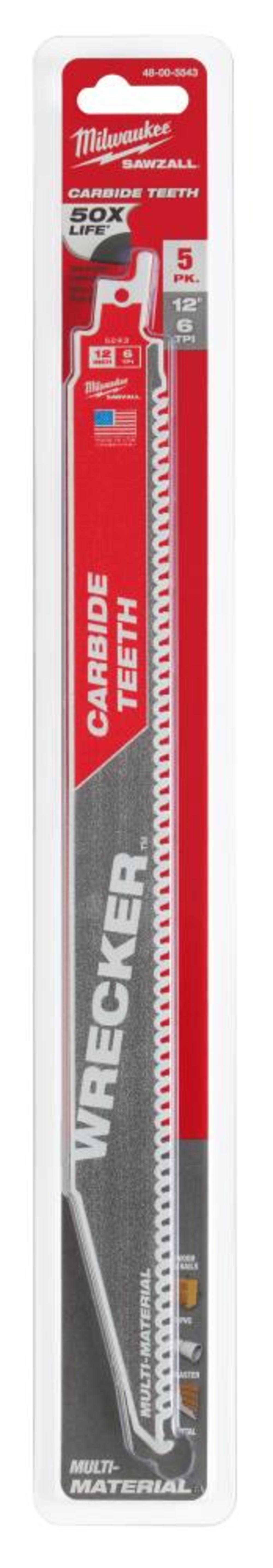 Milwaukee 12″ 6 TPI THE WRECKER with Carbide Teeth SAWZALL Blade 5PK - Ascmtools