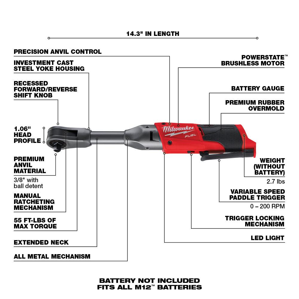 Milwaukee M12 FUEL 3/8 in. Extended Reach Ratchet (Bare Tool) - Ascmtools