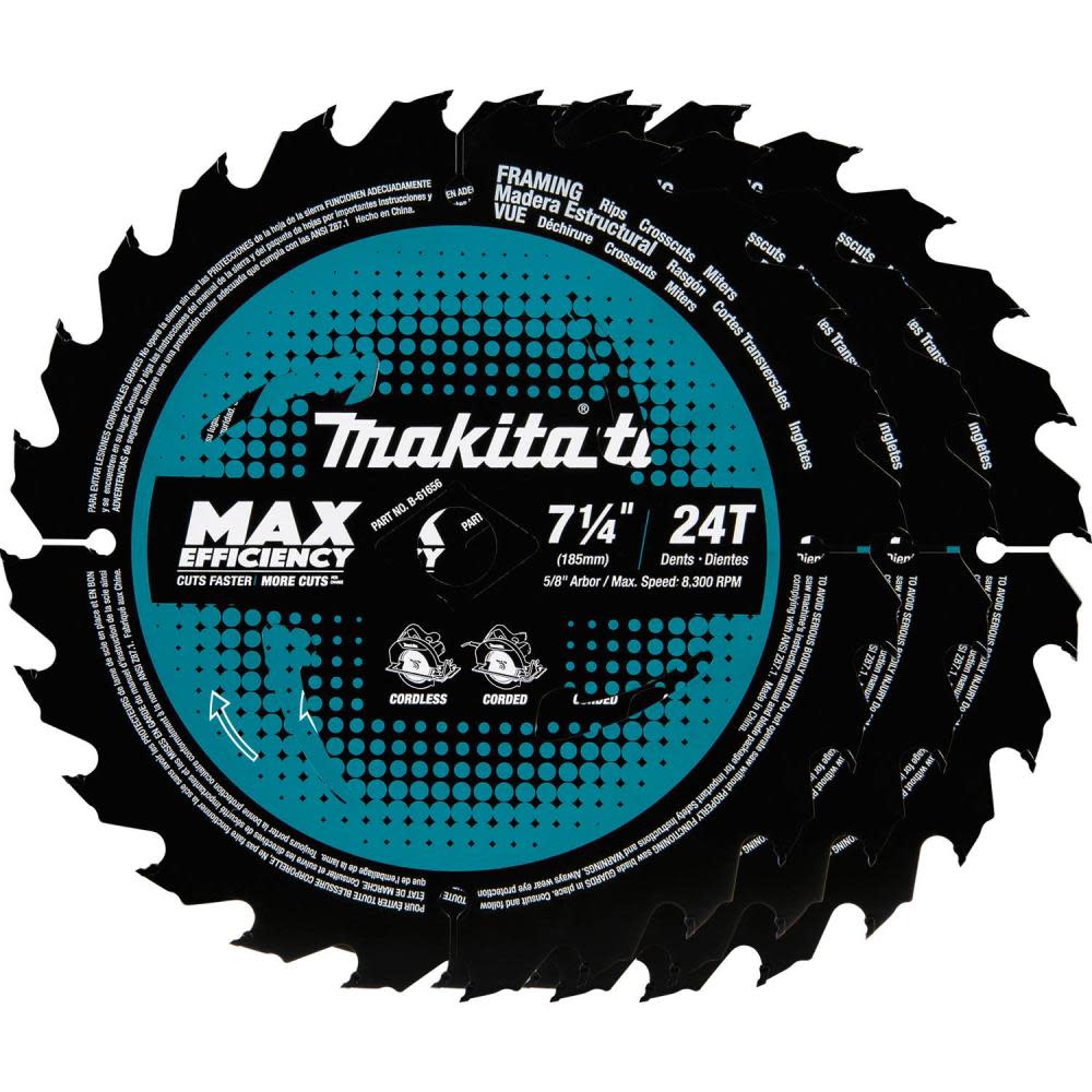 Makita Max Efficiency Circular Saw Blades 7 1/4″ 24T Carbide Tipped Framing 3pk - Ascmtools