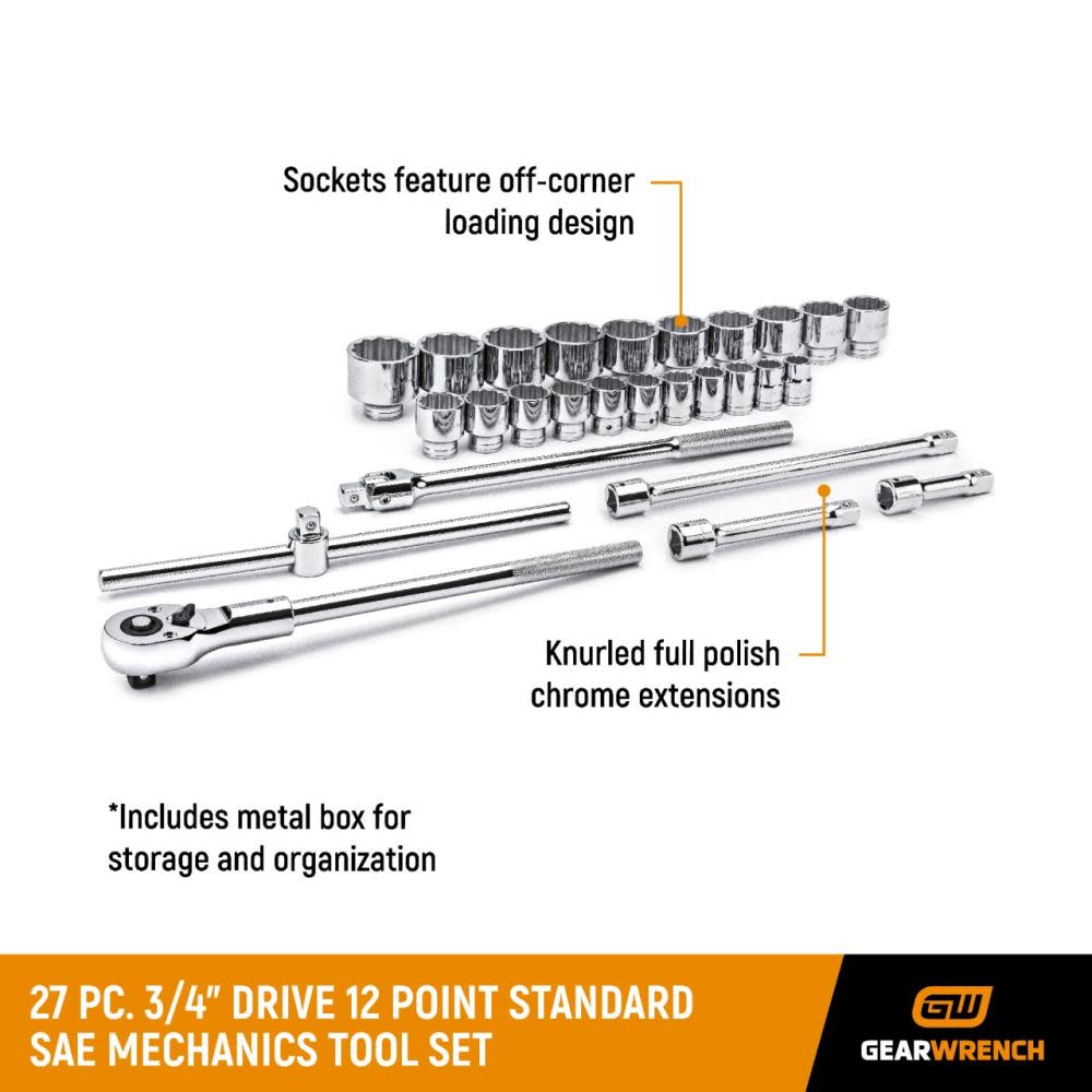 GEARWRENCH Mechanics Tool Set 27 pc. 3/4 In. Drive 12 Point SAE - Ascmtools