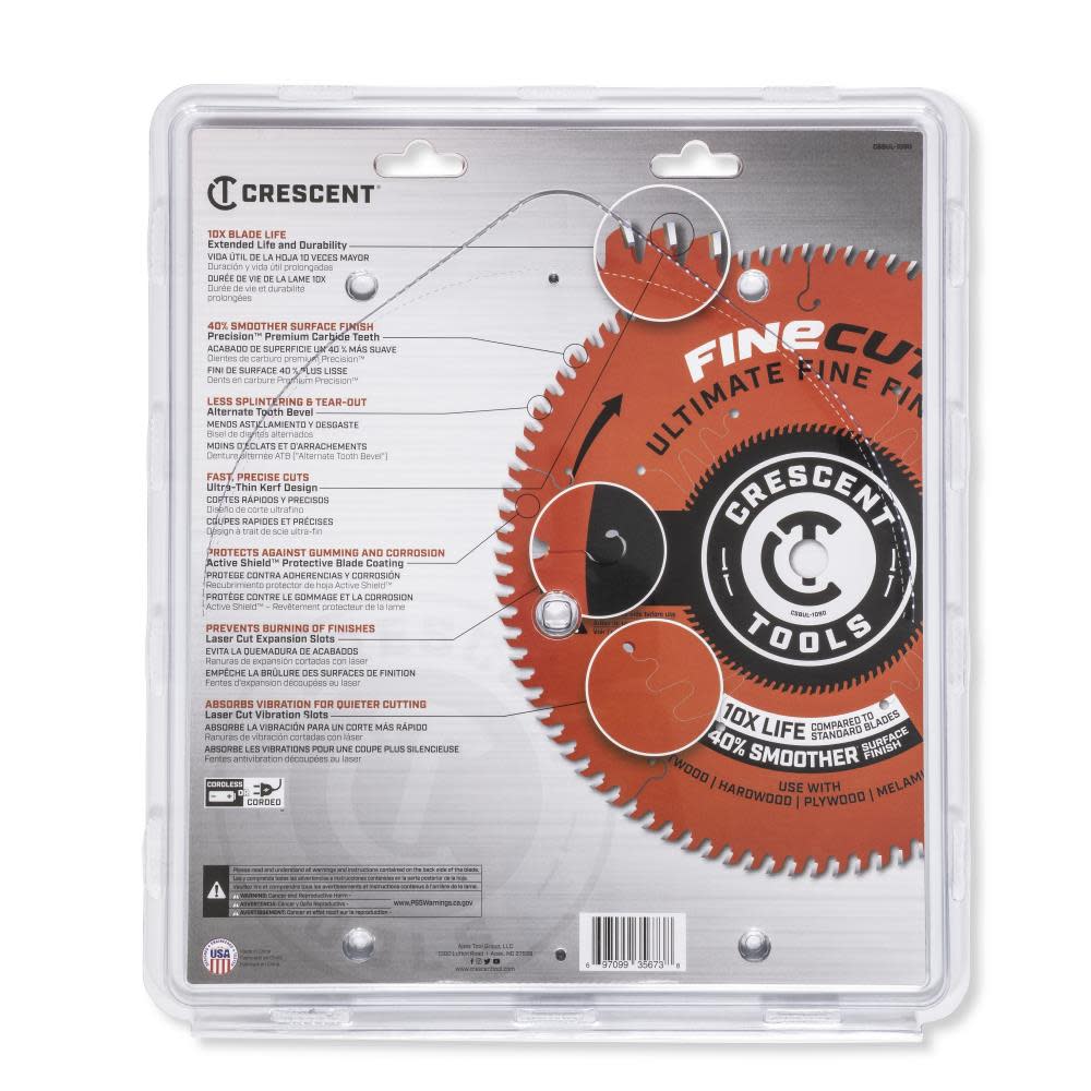 Crescent Circular Saw Blade 10″ x 90 Tooth Fine Cut Ultimate Fine Finishing - Ascmtools