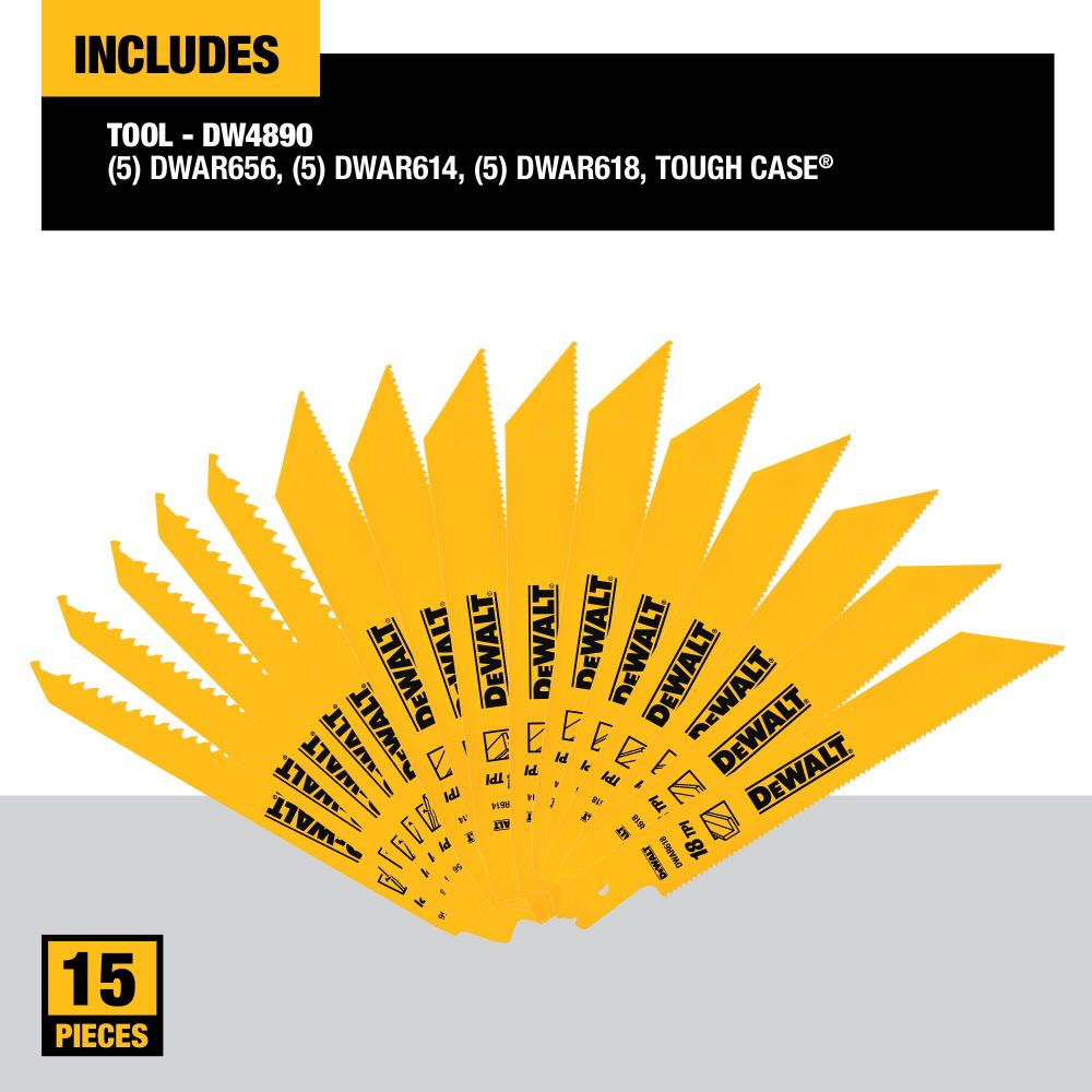 DEWALT Reciprocating Saw Blades Bi-Metal Tough Case Set 15pc - Ascmtools