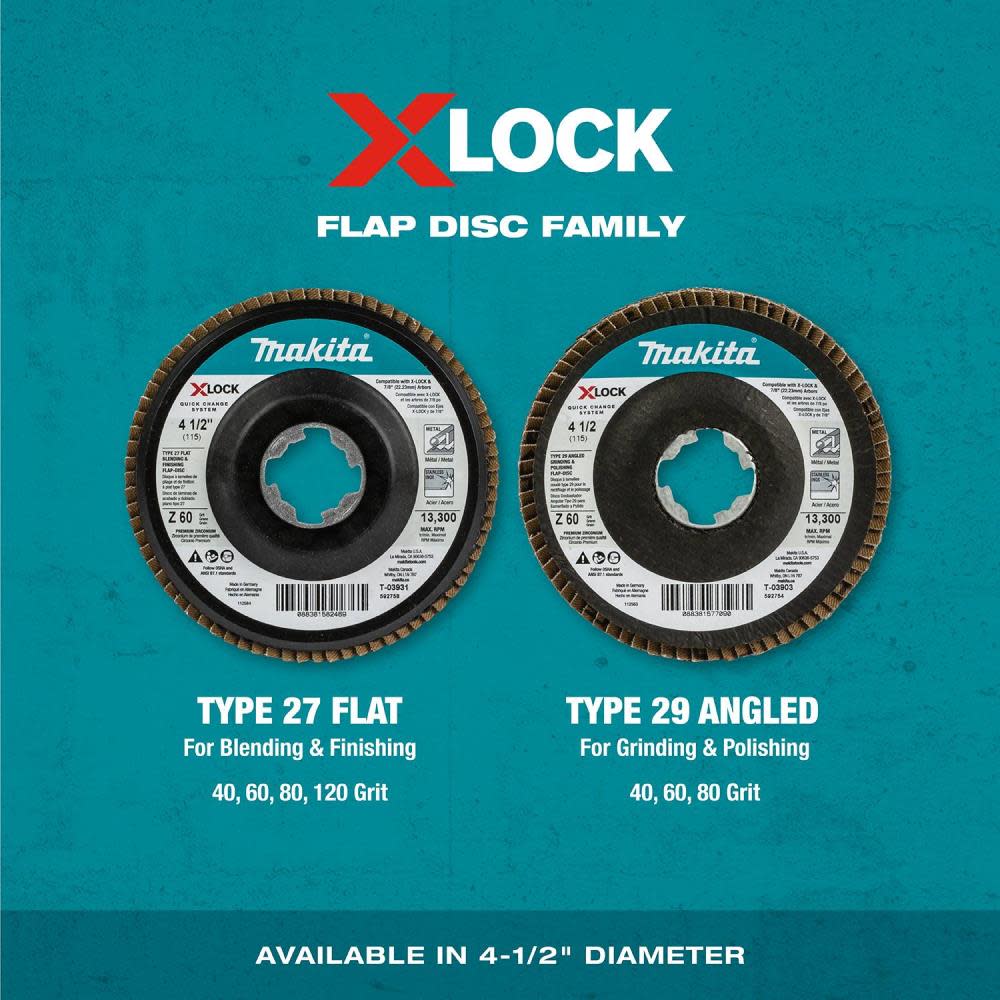 Makita X-LOCK 4 1/2″ Angled Grinding and Polishing Flap Disc X-LOCK and All 7/8″ Arbor Grinders 60 Grit Type 29 3pk - Ascmtools