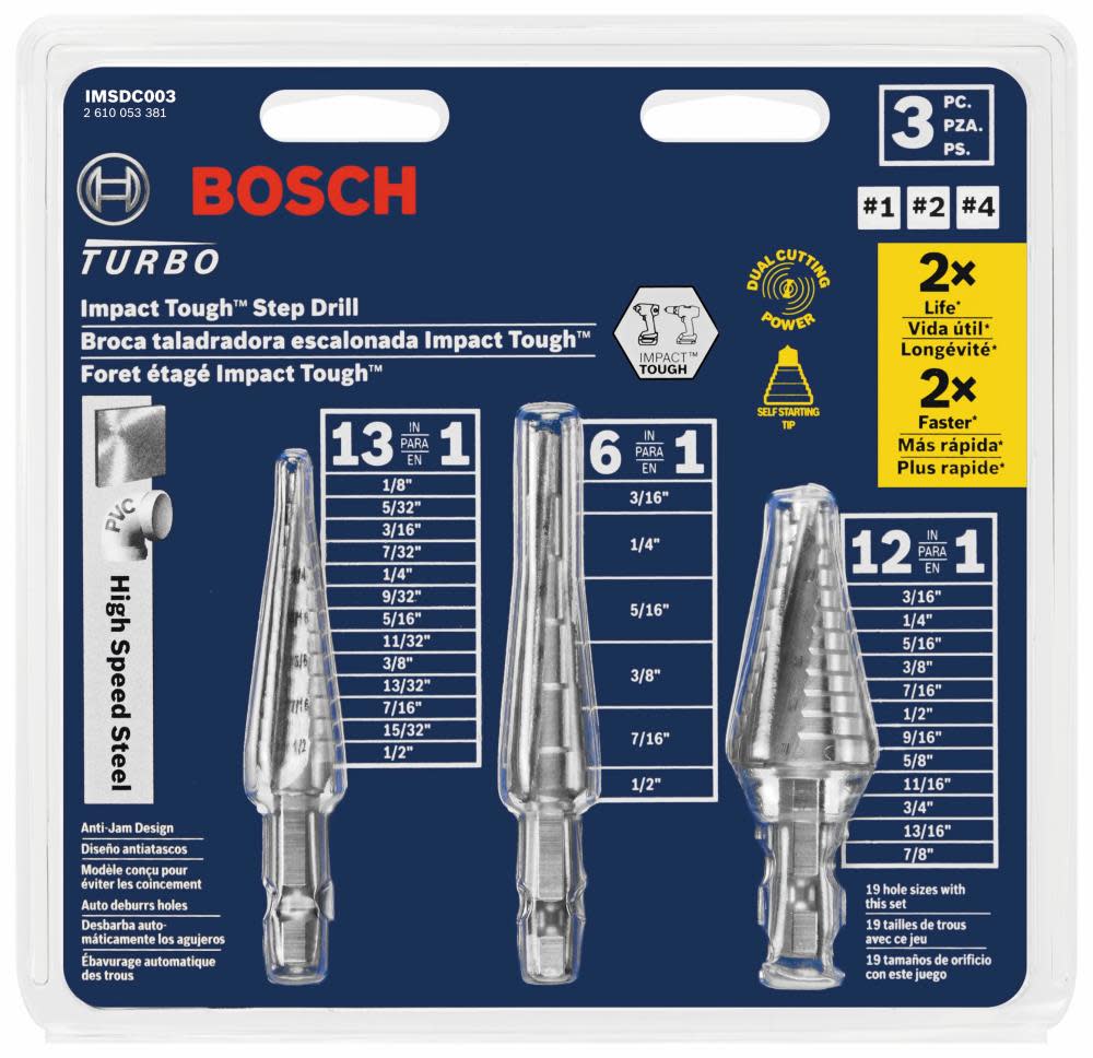 Bosch High Speed Steel Impact Tough Turbo Step Drill Bit Set 3pc - Ascmtools