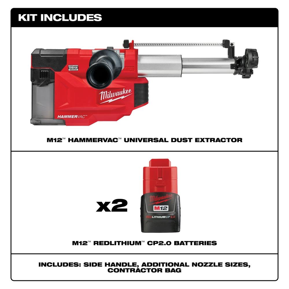Milwaukee M12 HAMMERVAC Universal Dust Extractor Kit 2509-22 - Ascmtools
