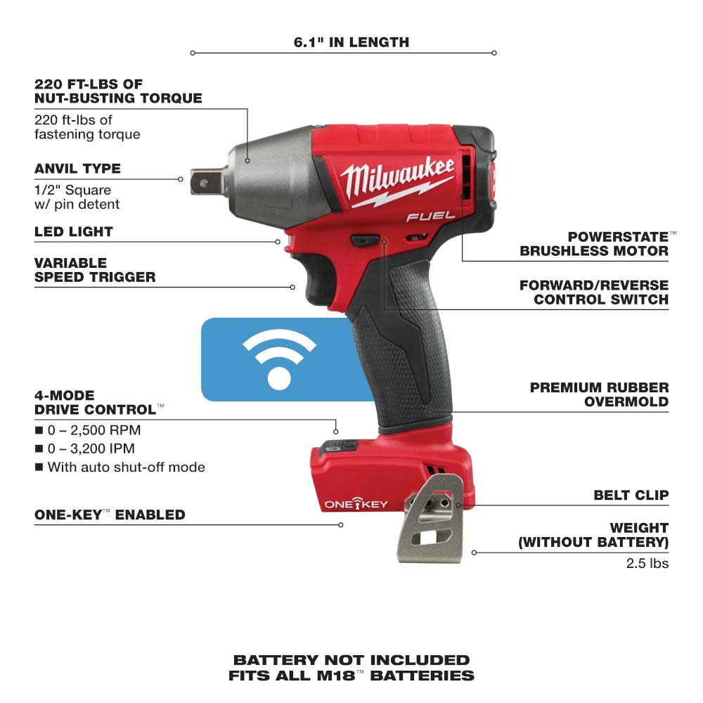 Milwaukee M18 FUEL 1/2 in. Compact Impact Wrench with Pin Detent with ONE-KEY - Ascmtools
