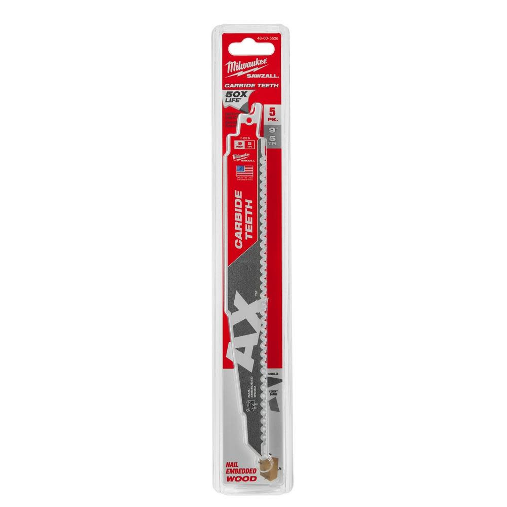 Milwaukee 9 in. 5 TPI The Ax Carbide Teeth SAWZALL Blades 5PK - Ascmtools