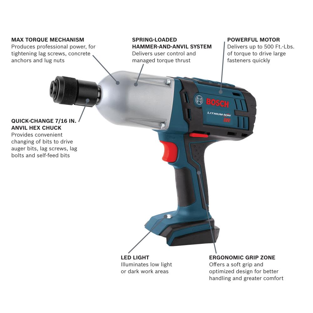 Bosch 7/16 In. Hex 18 V High Torque Impact Wrench (Bare Tool) - Ascmtools