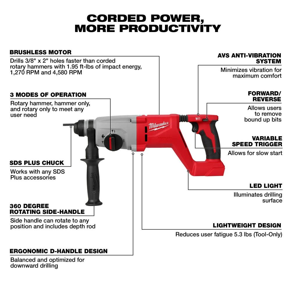 Milwaukee M18 Rotary Hammer 1 SDS Plus D Handle Bare Tool - Ascmtools