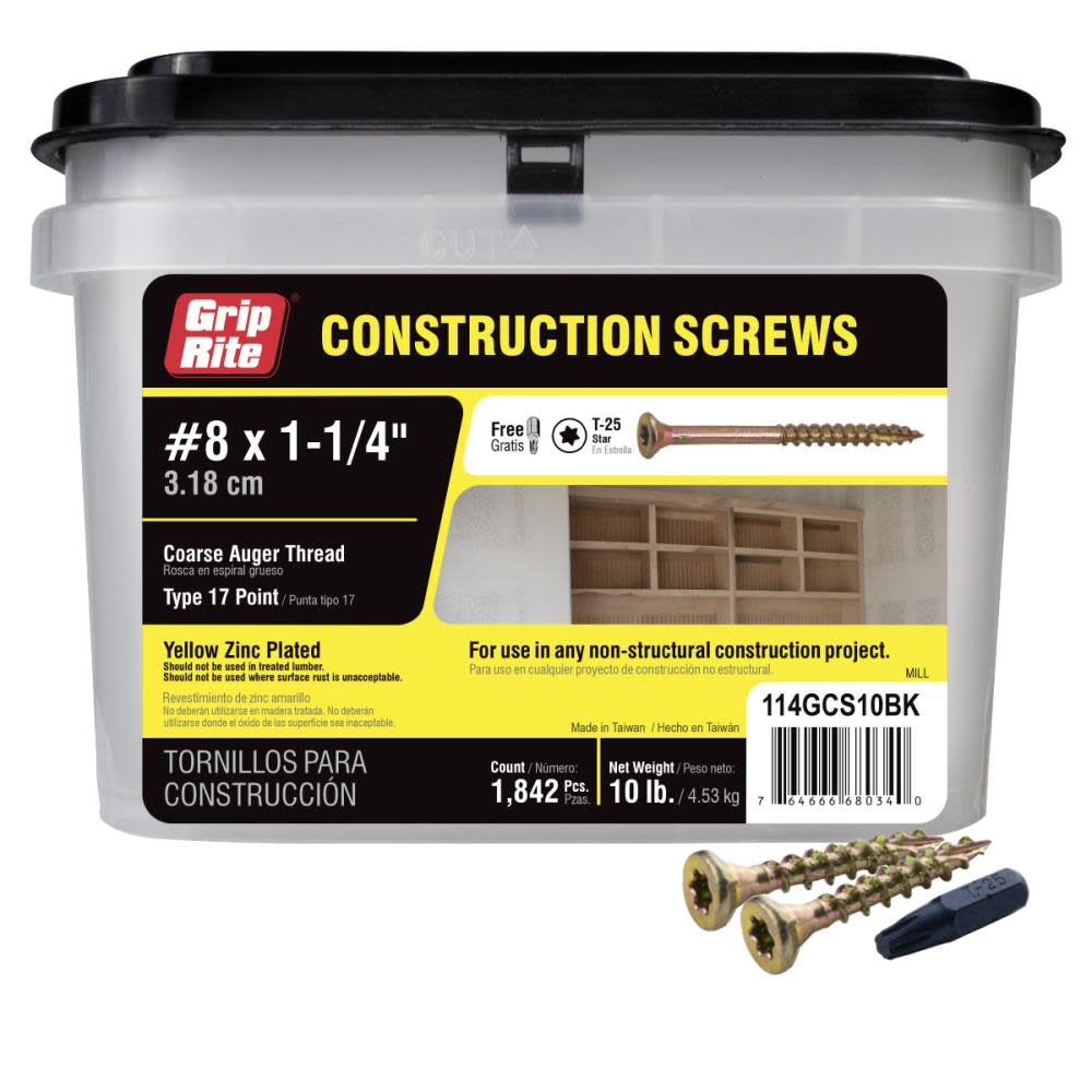Grip Rite Screws #8 x 1.25″ Bugle-Head Yellow Zinc Type 17 Star-Drive Interior Wood 10lbs - Ascmtools
