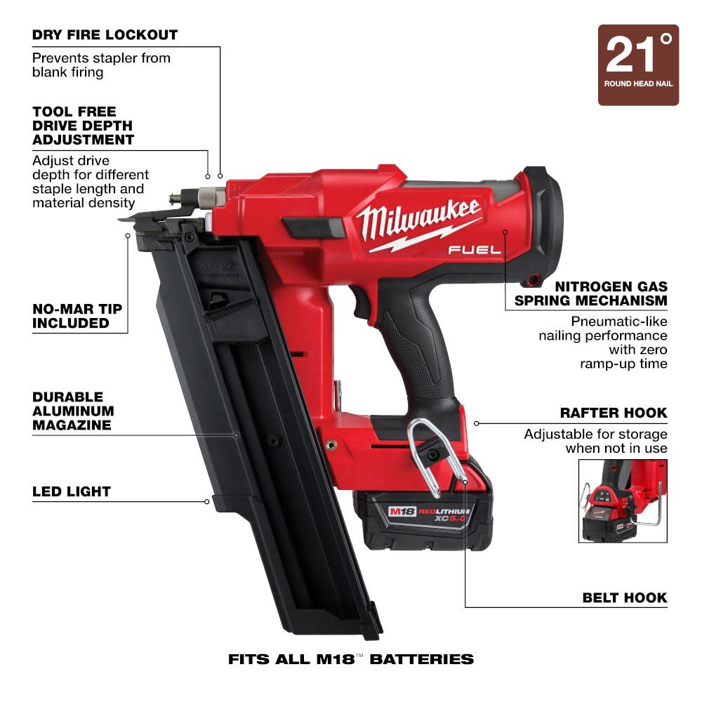 Milwaukee M18 FUEL 21 Degree Framing Nailer Kit - Ascmtools