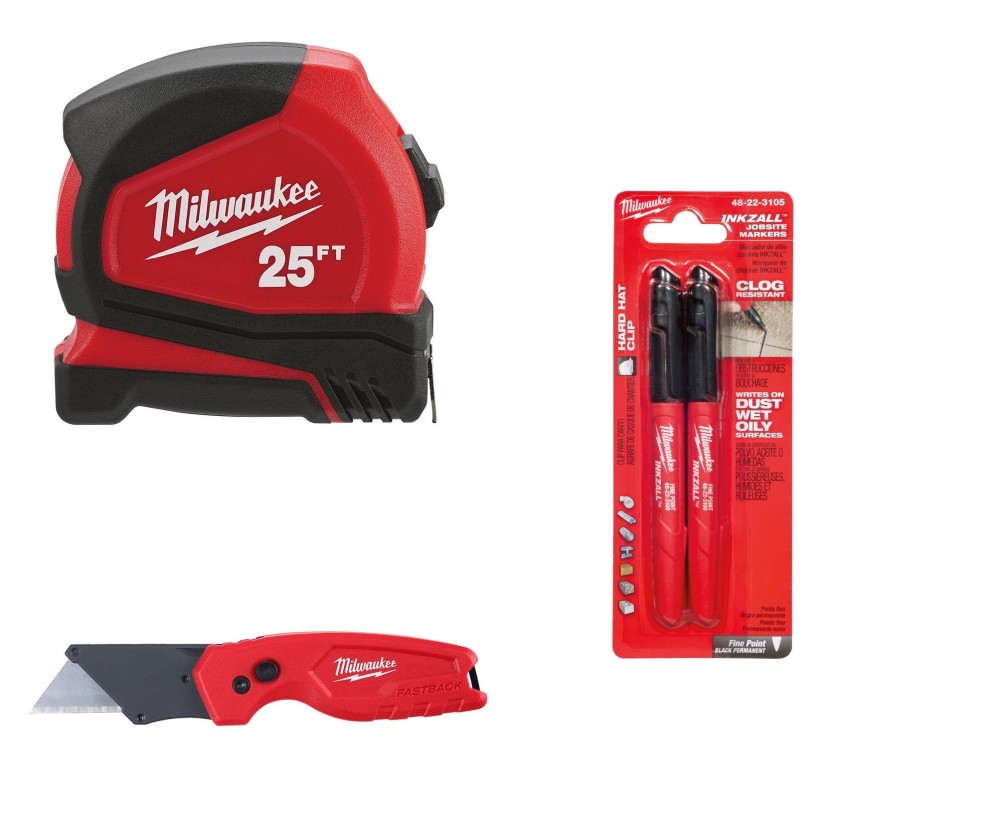 Milwaukee Tape Measure 25′ Utility Knife and INKZALL Marker 2pk Bundle - Ascmtools
