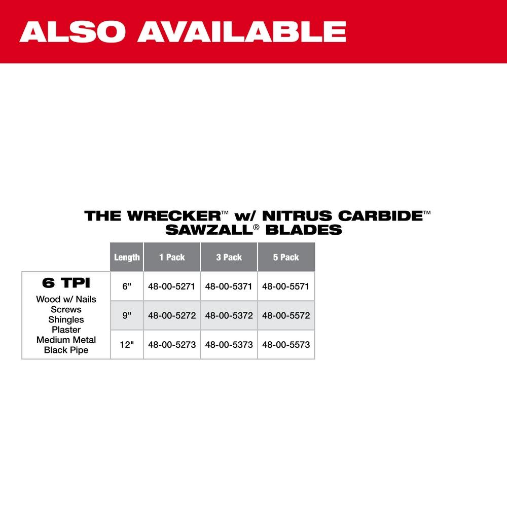 Milwaukee 6″ 6 TPI THE WRECKER with Carbide Teeth SAWZALL Blade 5PK - Ascmtools