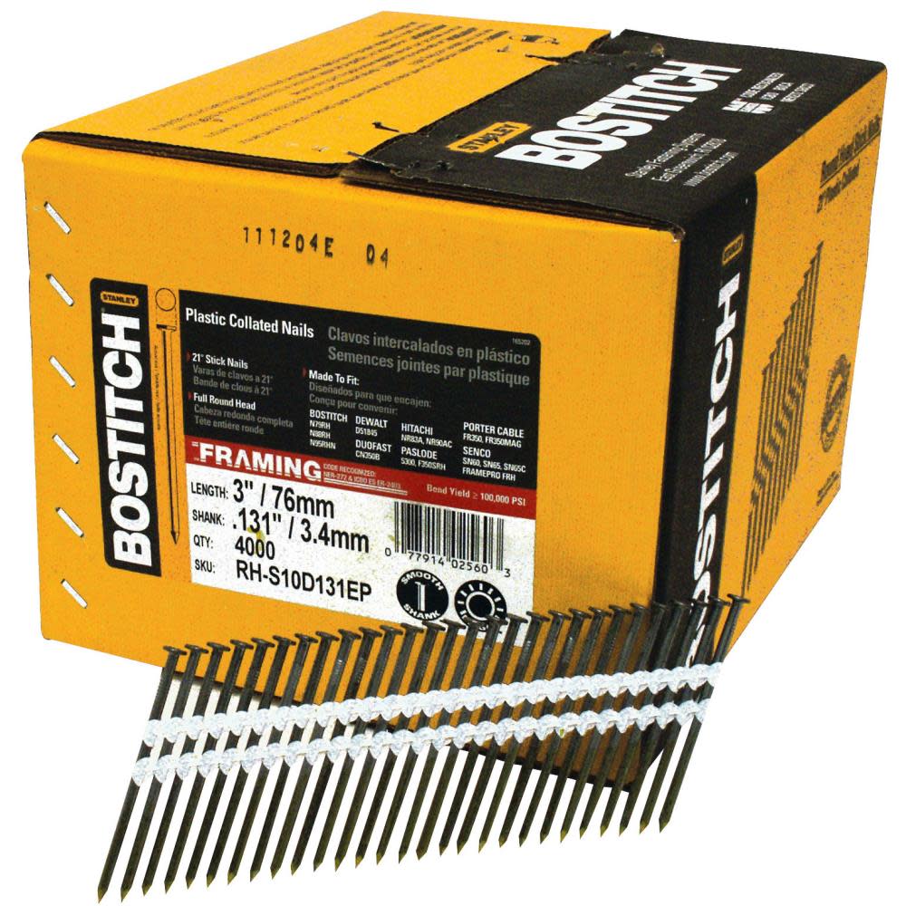 Bostitch 4000-Qty. 3 In. x .131 Smooth Shank 21 Degree Plastic Collated Stick Framing Nails - Ascmtools