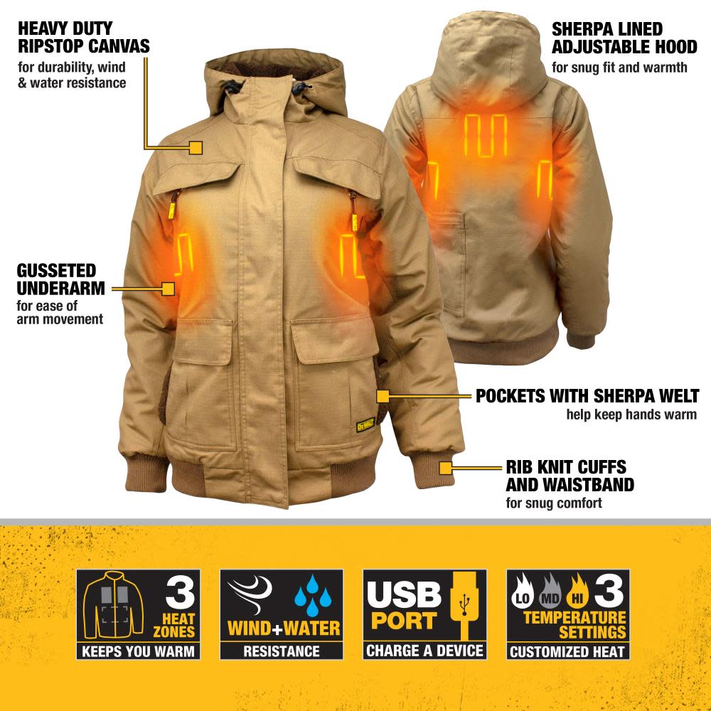 DEWALT Womens Rip Stop Canvas Heated Kit Jacket with Battery/Charger/Adapter XL - Ascmtools