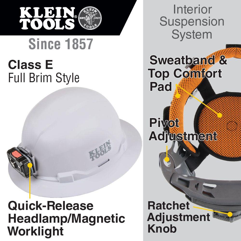 Klein Tools Hard Hat Non-vented Full Brim with Rechargeable Headlamp White - Ascmtools