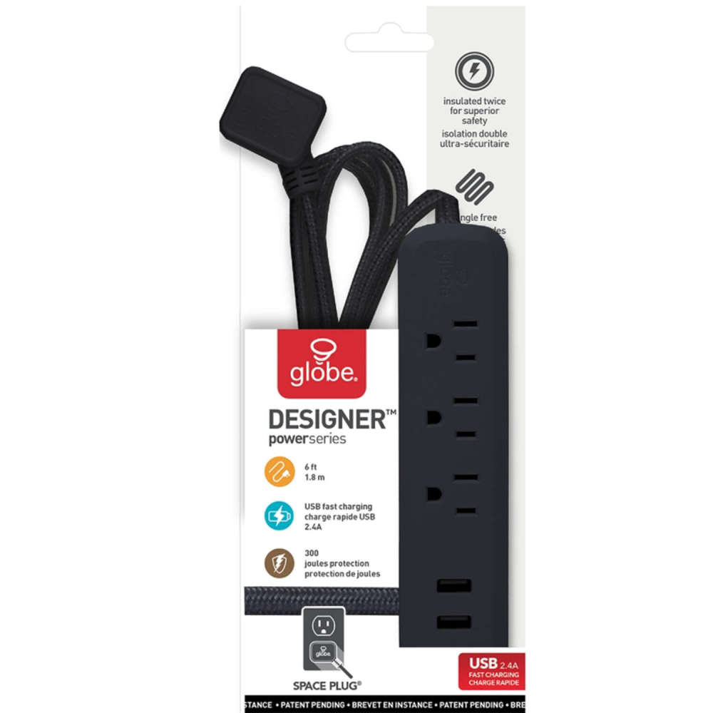 Globe Electric Power Strip 6′ 300J Black 3 Outlet - Ascmtools