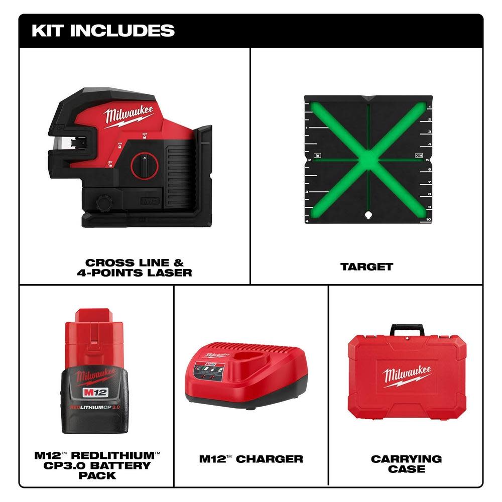 Milwaukee M12 Green Cross Line & 4 Points Laser Kit - Ascmtools